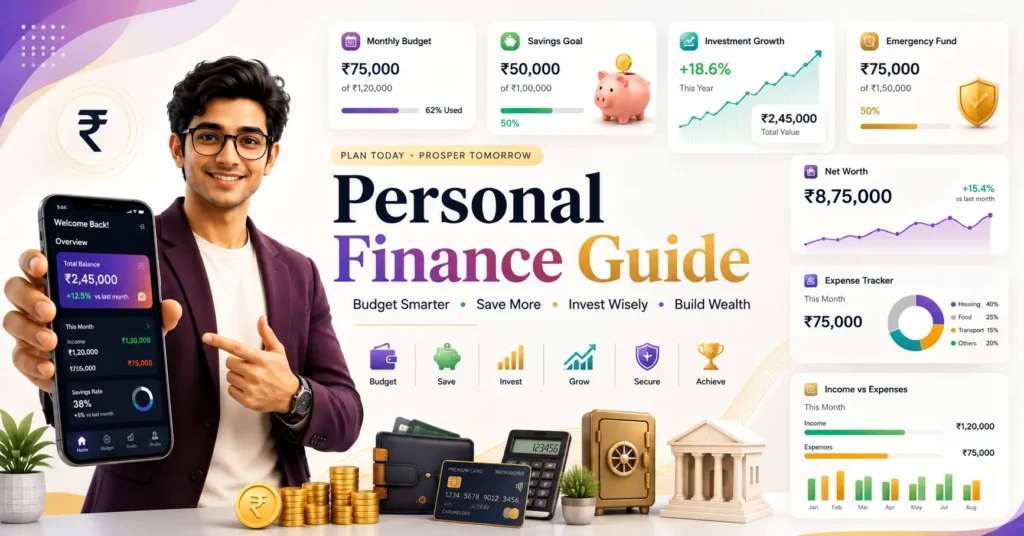 Personal Finance Guide featured image with budget planner, savings tracker, investment dashboard, expense tracker, and wealth management illustration